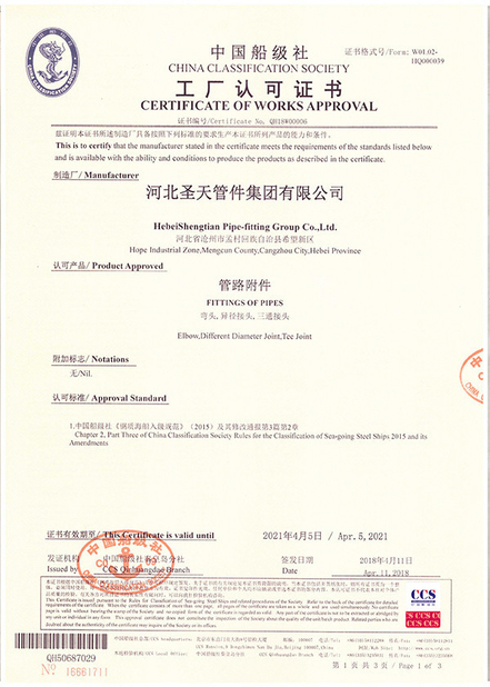 चीन Hebei Shengtian Pipe Fittings Group Co., Ltd. प्रमाणपत्र